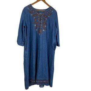 Phases Women's Denim Embroidered Paisley Boho Cottage Core Country Dress Blue XL